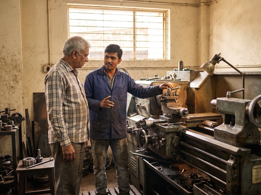 A workshop owner talking with an engineer beside a lathe