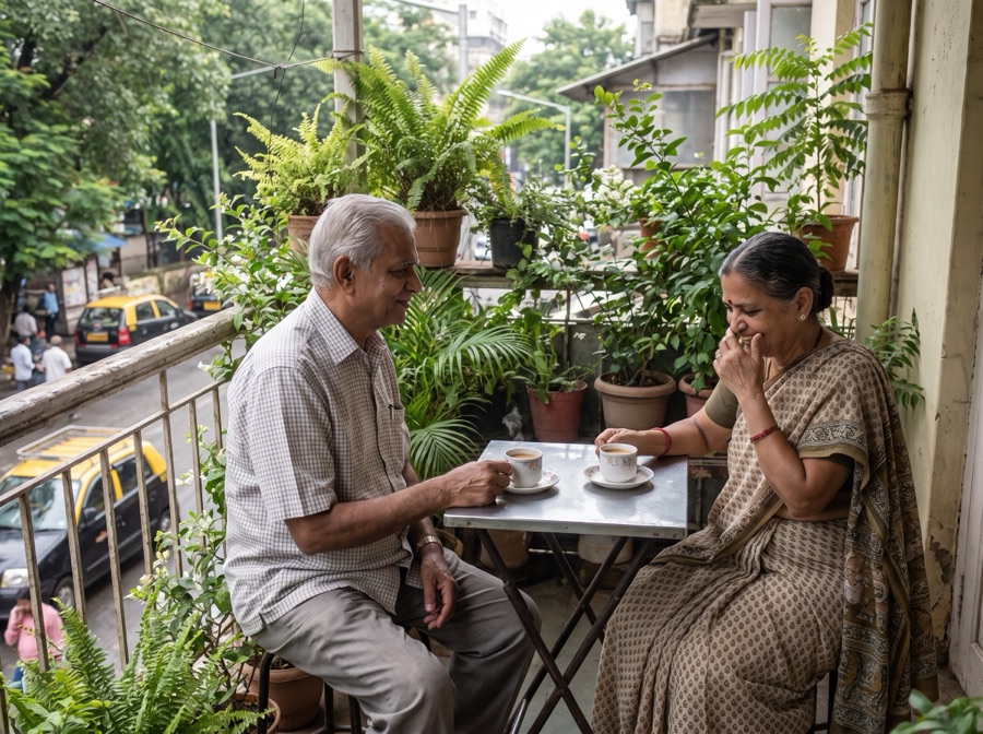 An elderly couple sharing morning tea on a balcony full of plants