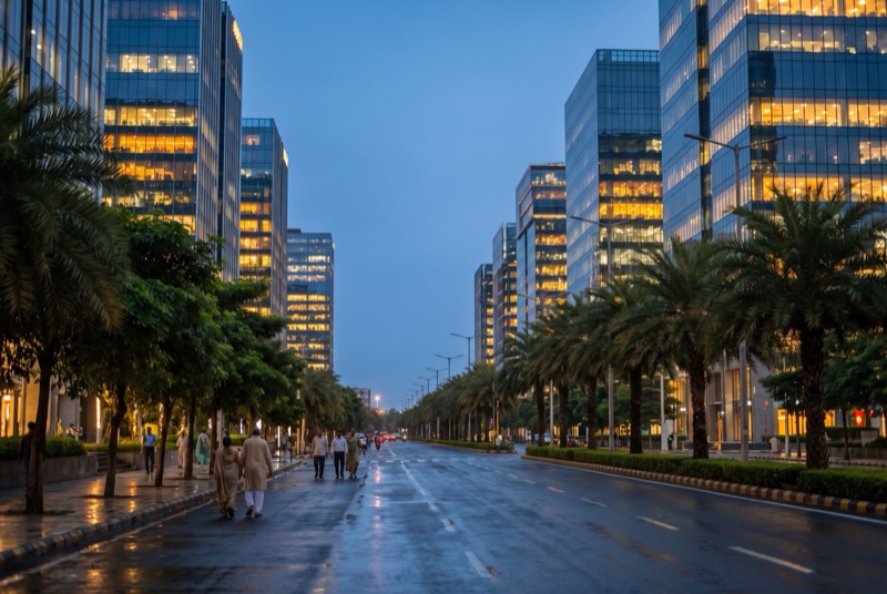 Modern financial district towers at dusk