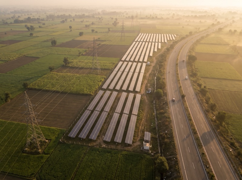A solar farm and highway across green countryside