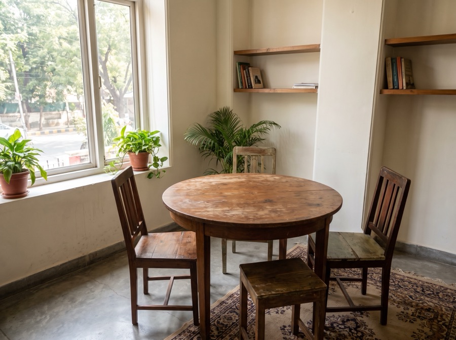 A calm, bright meeting room with a round wooden table