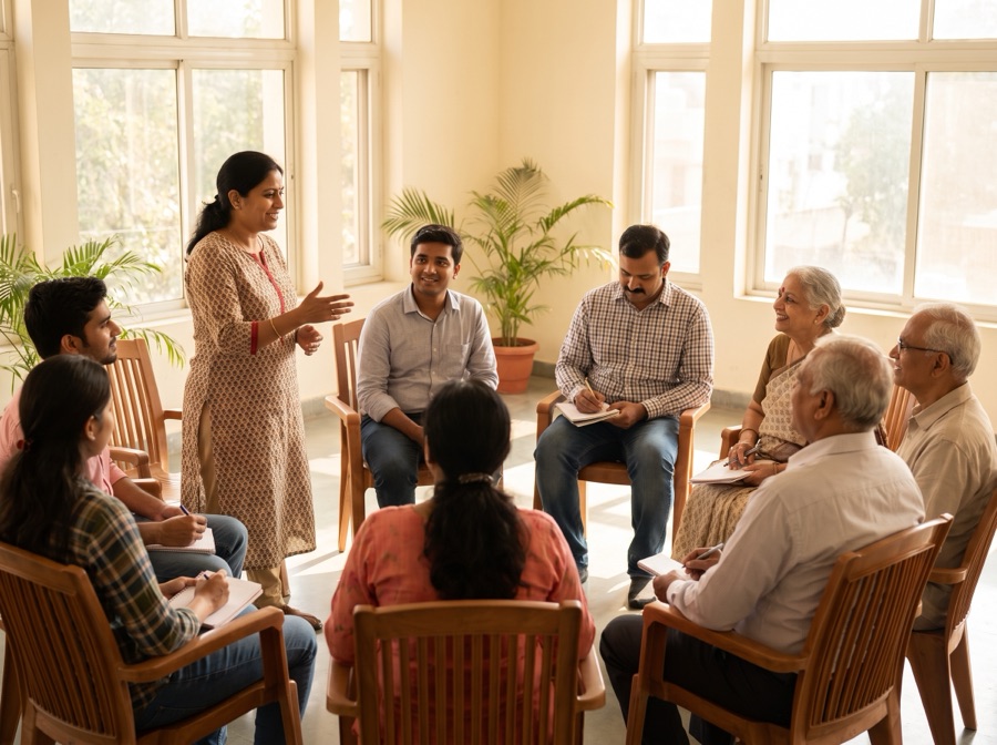 An investor awareness session with a small group in a bright room