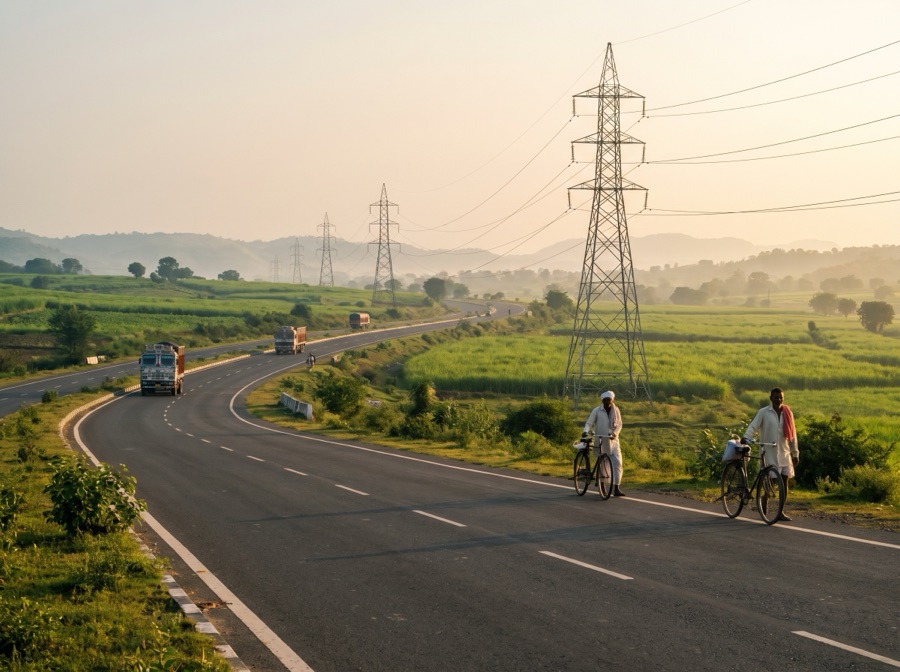 A highway through green countryside at sunrise, with power transmission towers alongside