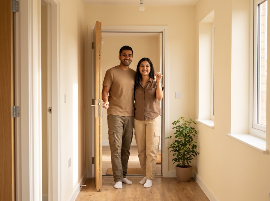 A young couple smiling at the door of their new home