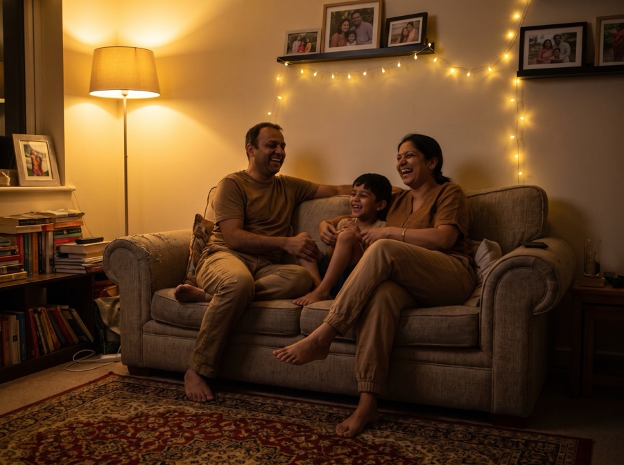A family laughing together on a sofa at home